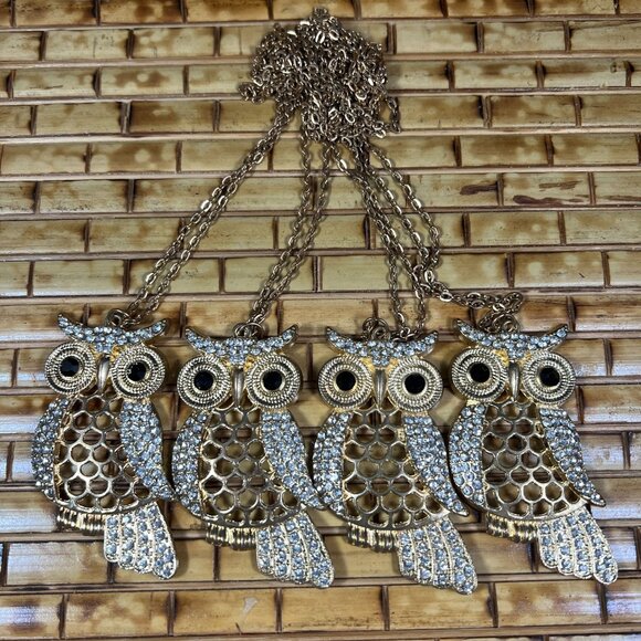 Set Of 4 Gold-Tone Rhinestone Owl Necklaces With Chain - Picture 6 of 6